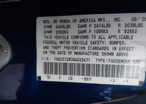 2009 Honda Accord 2.4 Ex-L z USA, uszkodzony, nr VIN 1HGCS12839A022471